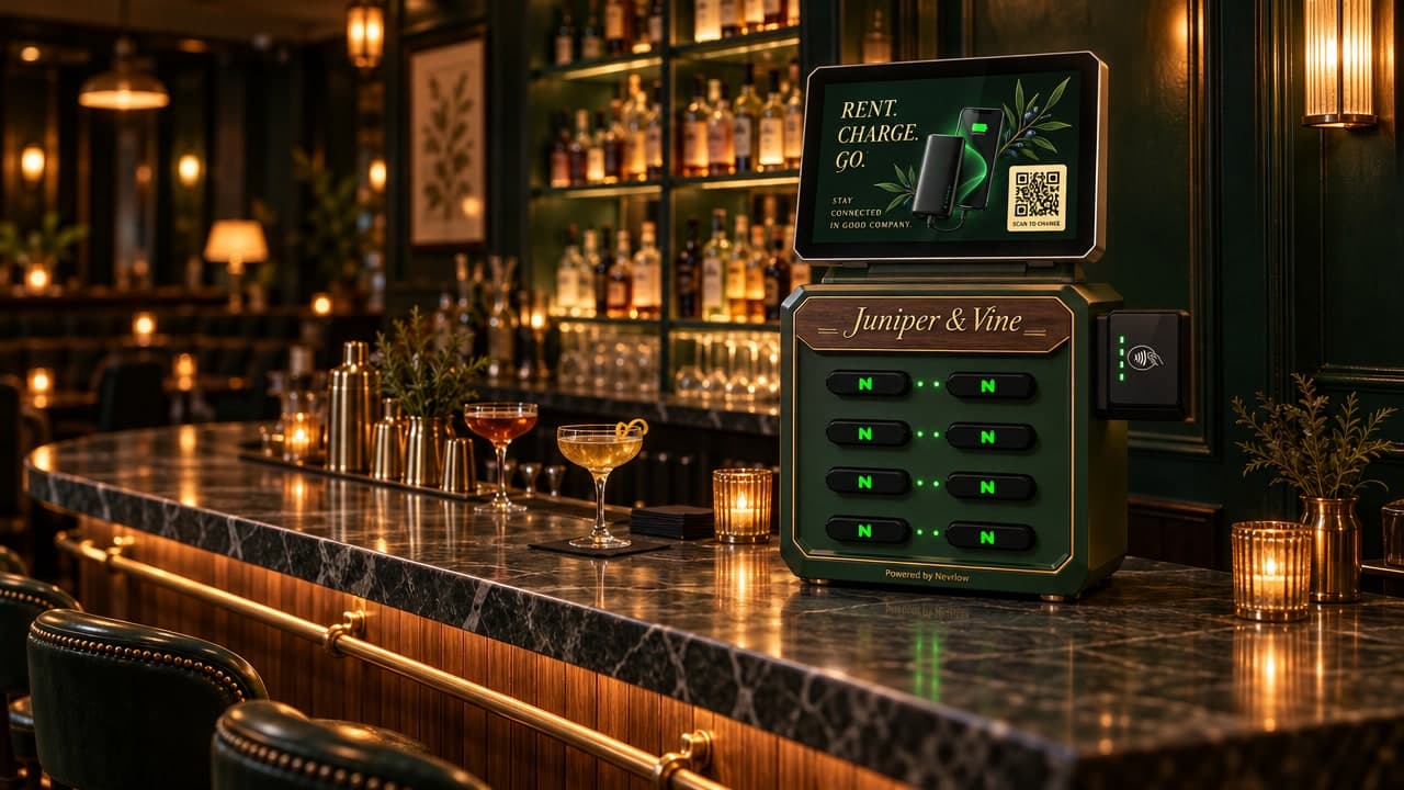 Concept image: a cocktail bar at night with a deep green, walnut-look Nevrlow station on the marble bar top