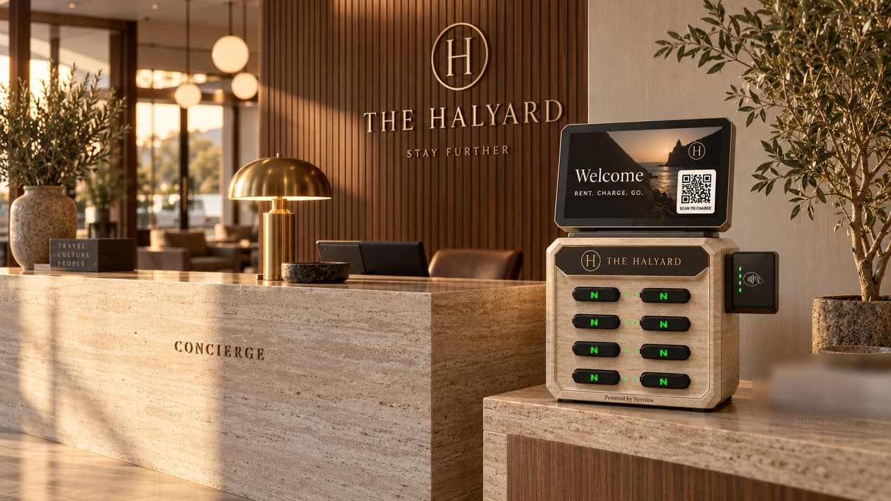 Concept image: a warmly lit boutique hotel lobby with a travertine concierge desk and a Nevrlow station wrapped in a stone-look finish with the fictional Halyard hotel identity